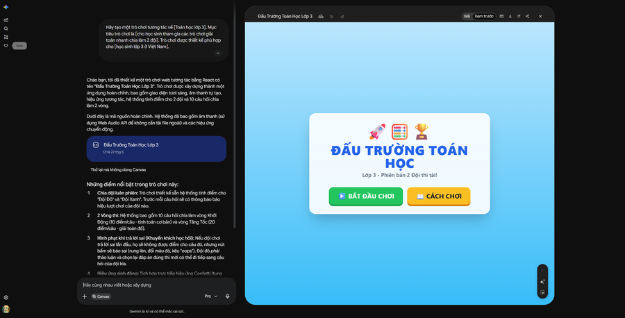 Gemini Canvas tạo game Đấu Trường Toán Học lớp 3