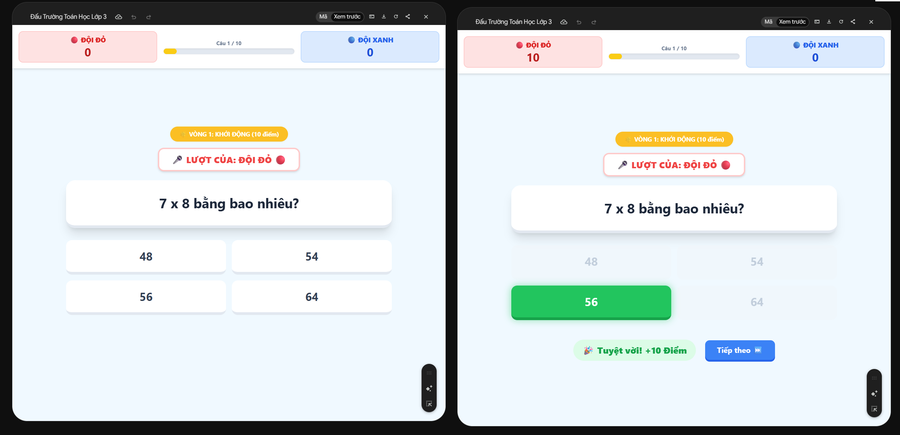 Giao diện game câu hỏi và phản hồi đúng