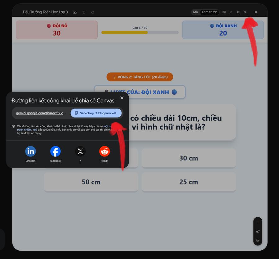 Dialog chia sẻ link Canvas