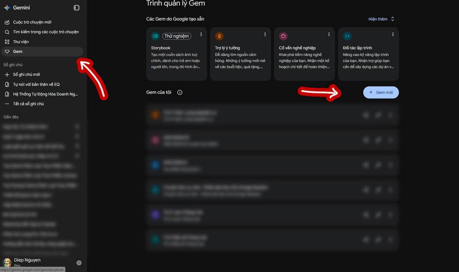 Trang Trình quản lý Gem — click Gem ở sidebar và nút + Gem mới